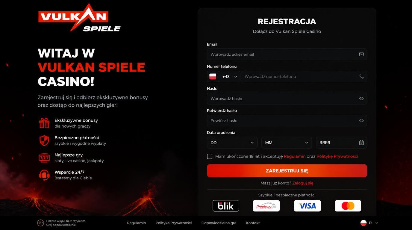 Zrzut ekranu formularza rejestracji z opcjami metod płatności dla polskich graczy