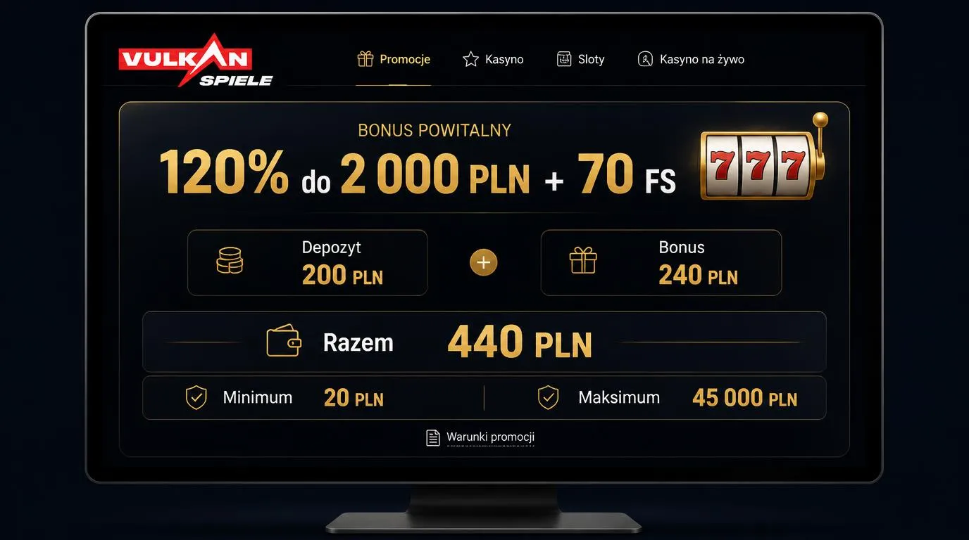 Panel bonusu powitalnego 120% do 2 000 PLN i 70 FS z przykładem wpłaty 200 PLN oraz bonusu 240 PLN