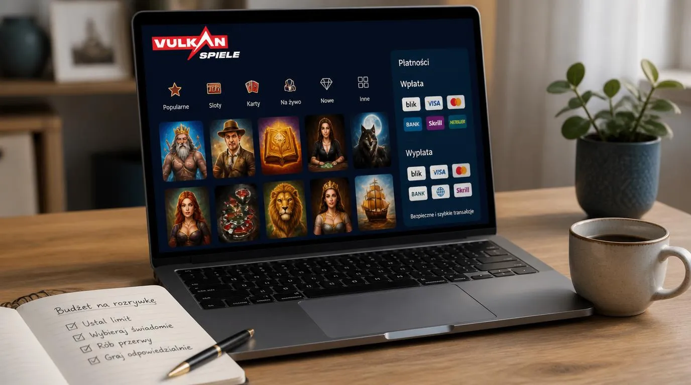 Laptop z biblioteką gier kasynowych i panelem płatności obok notesu z limitem wydatków