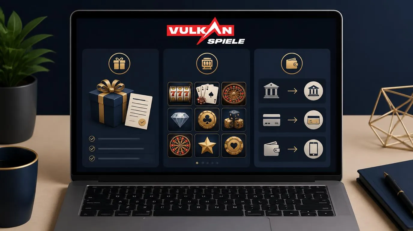 Trzy karty na ekranie laptopa przedstawiające bonus powitalny, wybór gier i metody płatności