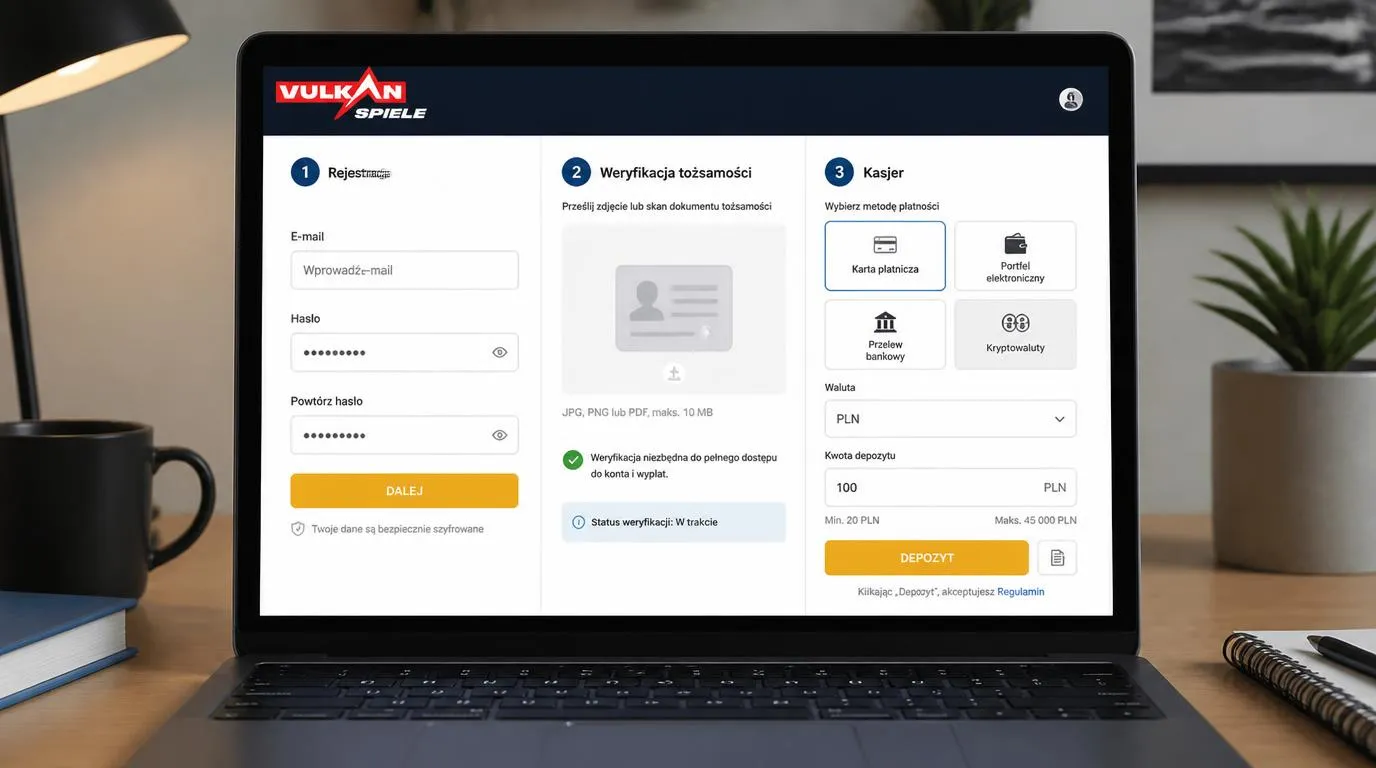 Panel rejestracji, weryfikacji tożsamości i kasy z wyborem płatności oraz limitami wpłat w PLN