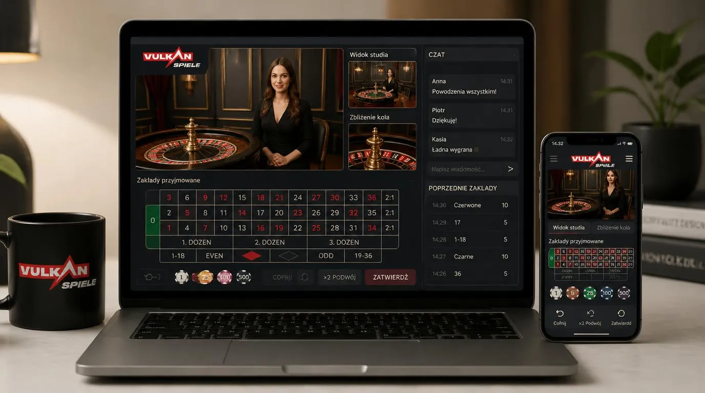 Krupier przy stole live oraz czytelny panel zakładów, czatu i historii rund na ekranie laptopa